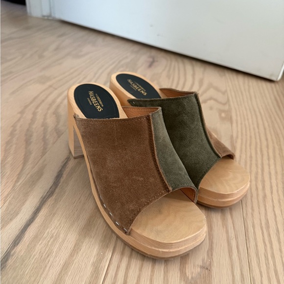 Swedish Hasbeens Shoes - Swedish Hasbeens Suede Mules in Brown and Olive
